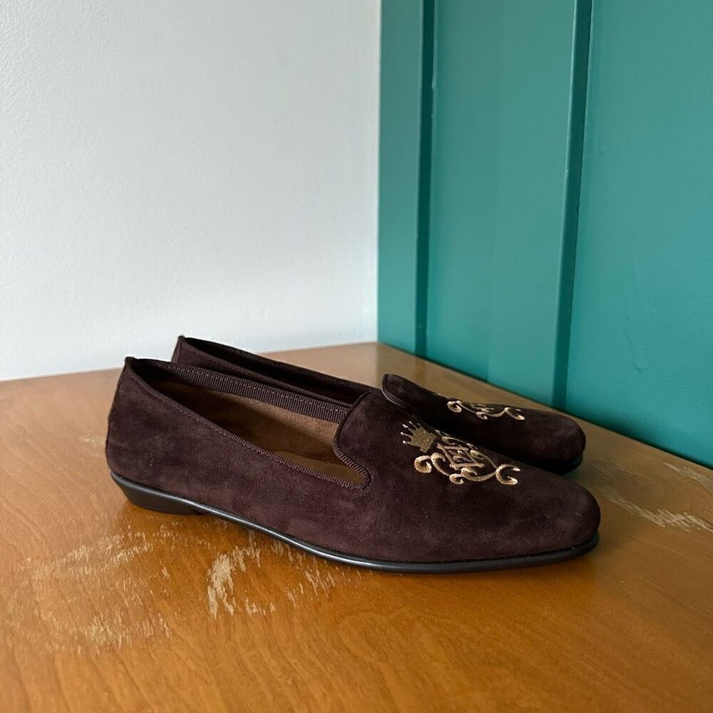 Aerosoles Betunia Women’s Brown Suede Leather Slip on Loafers Gold Crest Toe Emb